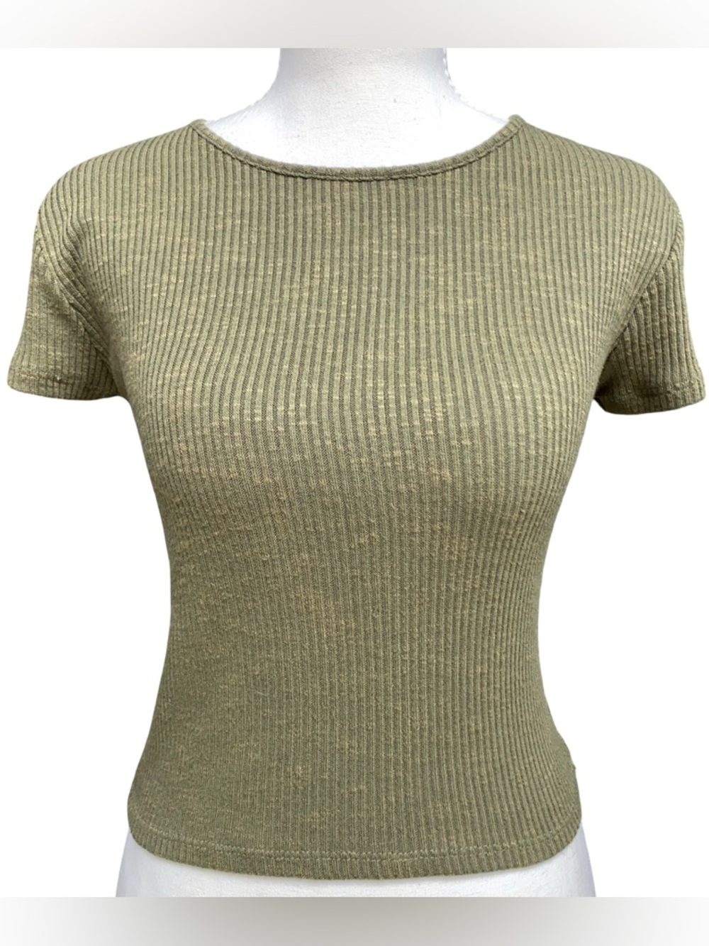 Popular 21 Ribbed Knit Top Womens Large Olive Green Fitted Short Sleeve Shirt